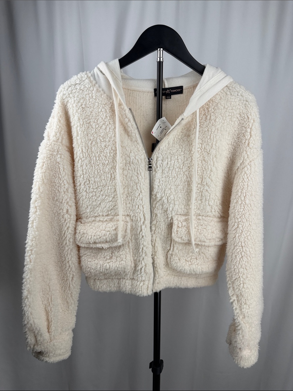 Almost Famous Gardenia Cream Sherpa Hooded Zip Jacket Size M